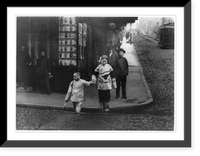 Historic Framed Print, [Chinatown, San Francisco, ca. 1900. Two Chinese girls crossing street in foregrd.; Chinese men standing around outside of curio shop],  17-7/8" x 21-7/8"