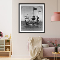 Historic Framed Print, The HALF MOON [sailing ship, with bow in left foreground] in New York Harbor,  17-7/8" x 21-7/8"