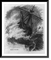 Illus. of shore-to-ship life-saving cable cars: Climbing the rope" man climbing from surf boat to stricken ship", Historic Print
