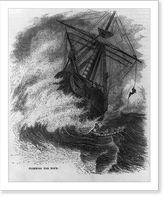 Illus. of shore-to-ship life-saving cable cars: Climbing the rope" man climbing from surf boat to stricken ship", Historic Print