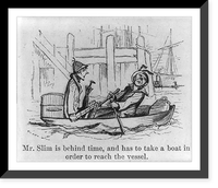 Caricature of sea-sick passenger: Mr. Slim is behind time, and has to take a boat in order to reach the vessel, Antique Print
