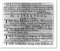 Historic Framed Print, [Two advertisements in the Virginia Gazette, June 10, 1775 - one for charter or consignment of the Ship BRILLIANT, sailing from Norfolk to Liverpool; the other: The Volunteer Company of Dinwiddie Co.,  17-7/8" x 21-7/8"