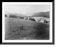 Lake Placid from Grand View House, Aidrondack Mountains, New York, with a man standing by fence in field in foreground, Historic Print
