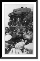 Theodore Roosevelt with others standing on back of train, facing crowd. Eugene, Ore, Historic Reproduction