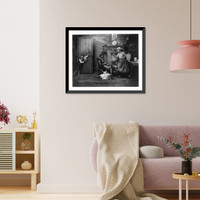 Woman holding up spoon at boy, with mask, who is scaring young girl; African American woman peeling potatoes, Vintage Wall Art