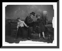 Historic Framed Print, [Bearded man holding crab and 2 children on pier],  17-7/8" x 21-7/8"