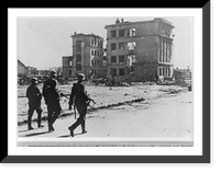 Ruins of Stalingrad, Russia, Sept. 1942: three German soldiers walking down desolate street, Vintage Poster