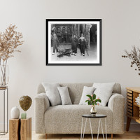 3 men with canes, wearing dirty clothing, top hats, spats, and monocles, looking over a portion of the partially wrecked Waldorf, New York City, Vintage Print