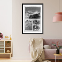 Historic Framed Print, Nova Scotia - loss of the steamship Atlantic" - scenes and incidents during and after the wreck [4-1-1873]: [4 cuts - rescue line from ship to shore; divers removing bodies; identifying bodies]",  17-7/8" x 21-7/8"