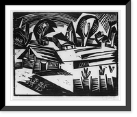 Historic Framed Print, [Abstract landscape with buildings],  17-7/8" x 21-7/8"