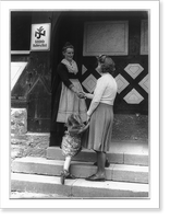 Historic Framed Print, [Woman with child shaking hands with social worker on steps],  17-7/8" x 21-7/8"