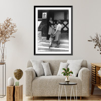 Historic Framed Print, [Woman with child shaking hands with social worker on steps],  17-7/8" x 21-7/8"