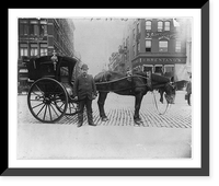 Street types of New York City: Hansom driver standing in front of horse and cab, Vintage Poster