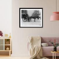 Street types of New York City: Hansom driver standing in front of horse and cab, Vintage Poster