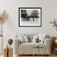 Street types of New York City: Hansom driver standing in front of horse and cab, Vintage Poster