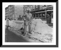 Street types of New York City: Street cleaner with pick ax standing in front of pile of snow, Vintage Print