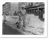 Street types of New York City: Street cleaner with pick ax standing in front of pile of snow, Vintage Print