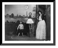Woman and 2 children watching bird fly from cage, Antique Wall Art