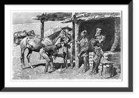 Historic Framed Print, [3 mountain men in buckskin talking as blacksmith shoes horse],  17-7/8" x 21-7/8"