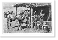 Historic Framed Print, [3 mountain men in buckskin talking as blacksmith shoes horse],  17-7/8" x 21-7/8"