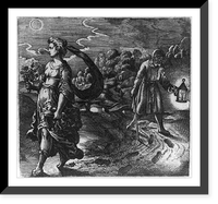 Old man with lamp walking behind woman, Antique Print