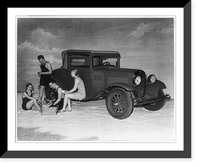 Advertisement: 2 men and 2 women posed picnicking on beach, with a 1928 Plymouth, the first Plymouth car to be built, Antique Wall Art