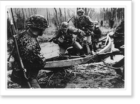 German reconnaissance unit in camouflage stepping out of small boat in forward area of the Westwall (fortified western frontier) March 1940, Historic Print