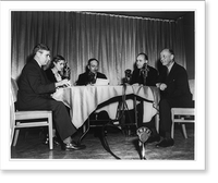 Theodore Granik, Clare Boothe Luce, and 3 men around table with microphones, Antique Print