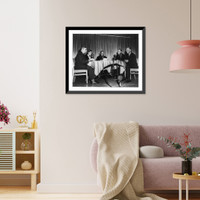 Theodore Granik, Clare Boothe Luce, and 3 men around table with microphones, Antique Print