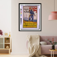 Historic Framed Print, Follow the flag enlist in the Navy U.S. Navy recruiting station 146 Tremont St. Boston. Daugherty  composition H.R.,  17-7/8" x 21-7/8"