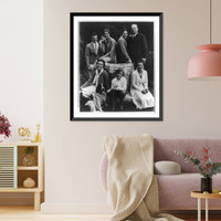 Eugene and Agnes Meyer with children in garden - two sitting on urn of fountain, others on base, dog in foreground, Vintage Wall Art