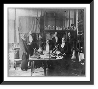 Group of 7 chemists around table with laboratory equipment Classic, Historic Reproduction
