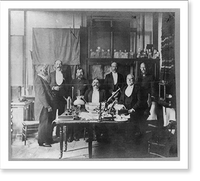 Group of 7 chemists around table with laboratory equipment Classic, Historic Reproduction