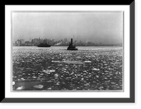 Tugboats and ferry on icy river, with New York City in backgrd. Classic, Historic Print