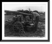 Man dipping a bucket of sorghum sap from barrel at a mill propelled by 2 horses, Kentucky, Antique Print