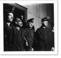 Historic Framed Print, [Andrew Scavnicky with fellow coal miners, Hazelton, Pa.: 4 miners at pit head waiting for man car],  17-7/8" x 21-7/8"
