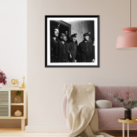 Historic Framed Print, [Andrew Scavnicky with fellow coal miners, Hazelton, Pa.: 4 miners at pit head waiting for man car],  17-7/8" x 21-7/8"