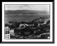 Historic Framed Print, [Bird's-eye view of waterfront, San Francisco, Calif. In the distance the cities of Oakland and Berkeley dot the hills of the East Bay. The snow-capped tip of Mt. Diablo peaks over the East Bay hills],  17-7/8" x 21-7/8"