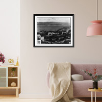 Historic Framed Print, [Bird's-eye view of waterfront, San Francisco, Calif. In the distance the cities of Oakland and Berkeley dot the hills of the East Bay. The snow-capped tip of Mt. Diablo peaks over the East Bay hills],  17-7/8" x 21-7/8"