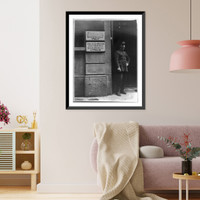 Man standing by bldg. signs in Engl. & Ital, Vintage Print