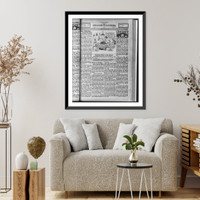 Historic Framed Print, [Front page of December 10, 1937, issue of the Weekly Island Lantern with typical news stories of interest to convicts and caricature of editor at typewriter with idea of editorial comment],  17-7/8" x 21-7/8"