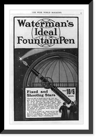 Advertisement showing Waterman's ideal fountain pen, replacing telescope, pointing to Halley's Comet at observatory, Antique Poster