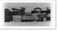Mural design for Post Office, Greenville, Kentucky, by Cellan Gould, showing train at railroad crossing between buildings, Antique Poster
