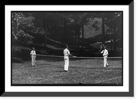 2 young men playing tennis on lawn, as another one watches Classic, Antique Poster
