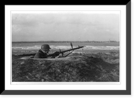 German sentry with machine gun in bunker Franceville on Normandy coast, Vintage Print