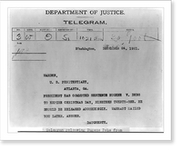 Telegram from Atty. Gen. Daugherty to Warden, Atlanta Penitentiary, regarding the commutation by Pres. Harding of Eugene Debs sentence, Historic Print
