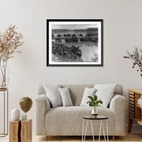 Historic Framed Print, Camel caravan crossing the Euphrates River on a pontoon bridge near Kufa, Iraq,  17-7/8" x 21-7/8"
