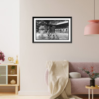 Historic Framed Print, [Japanese woman standing in temple courtyard, Japan],  17-7/8" x 21-7/8"