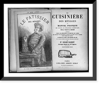 Title page of Rosalie Blanquet, La Cuisiniere de menages and frontispiece showing cook holding a rose over a cake, Vintage Poster
