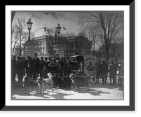 Group of people and cart pulled by dogs, with poster advertising Yukon Girl, in front of the White House, Historic Print